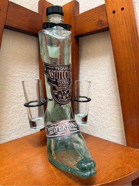 Empty Decanter Novelty Glass Boot Bottle of Institucional Texano Reposado Tequil